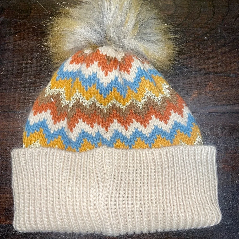 Zara Kids Knit Winter Cuffed Pom Pom Chevron‎ Beige Beanie Hat